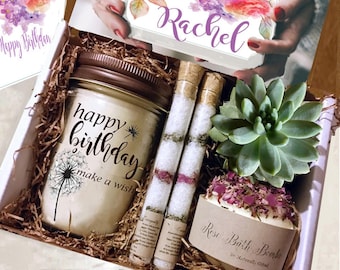 Customizable Birthday Candle Set with Succulent, Bath Bomb, and Salt Tubes