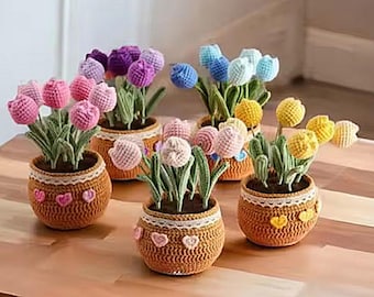 Crochet Flower in Pot, Tulip, Sunflower, Rose, Daisy, Handmade Pot, Mother's Day Gift, Birthday Present, Knitted Flower, Gift for Her