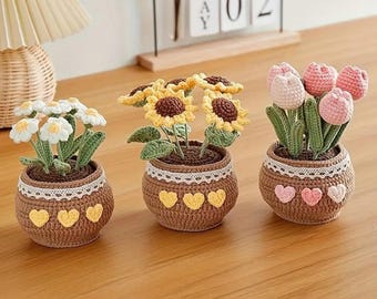 Crochet Sunflower in Pot, Tulip/Sunflower/Daisy Collection, Floral Decor for Flower Lovers, Knitted Plant Gift, Perfect Gift for Her