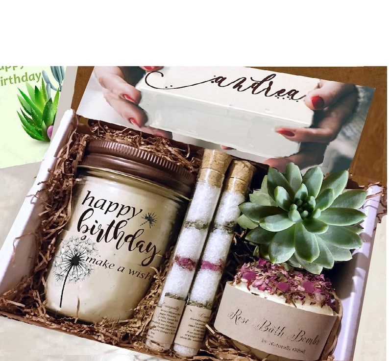 Customizable Birthday Candle Set with Succulent, Bath Bomb, and Salt Tubes OPTION 2-16OZ CANDLE