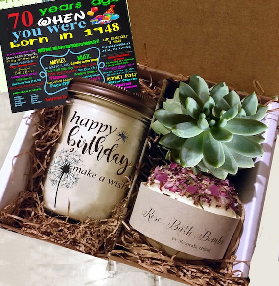 70th Birthday Gift 1949 Handmade Soy Candle Succulent Grown In Our Greenhouse Rose Soap Bomb By Naturally Gifted Catch My Party