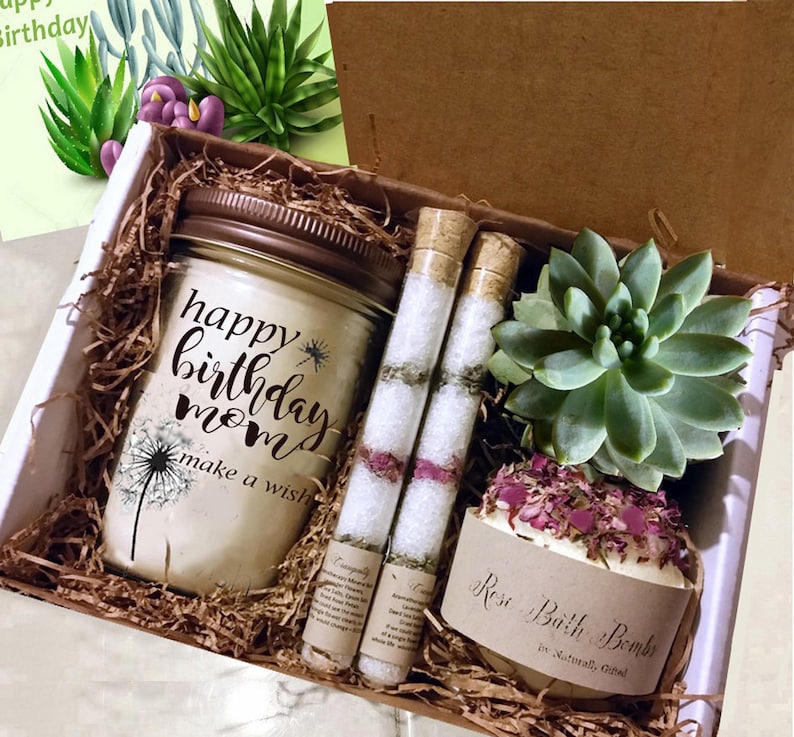 Mom Birthday Box with Succulent, Organic Soy Candle, and Bath Salts image 1