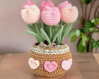 Crochet Flower Pot, Tulip/Sunflower/ Daisy, flower lover, Knitted Floral Decor, Gift Plant Lover, gift for her,