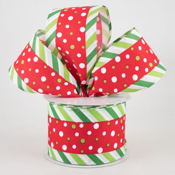 Christmas Ribbon, 2.5" Dots With Green & White Striped Edge Ribbon: Red (10 Yards)Polka Dot Ribbon, Red Polka Dot Ribbon, Wired Ribbon Il_570xn