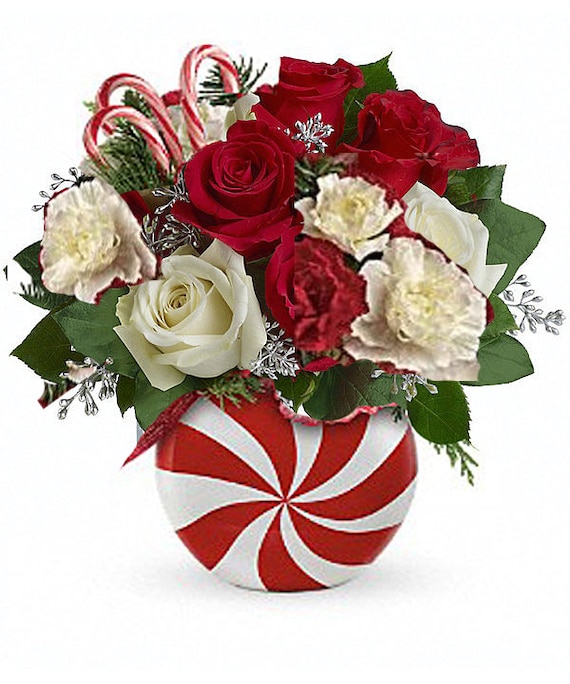 Christmas Peppermint Vase | Red White Soap Flowers | Candy Cane Decor | Holiday Centerpiece | Xmas Table Decor | Winter Wedding