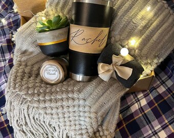 Hygge Gift Box with Cozy Blanket, Candle, and Live Succulent