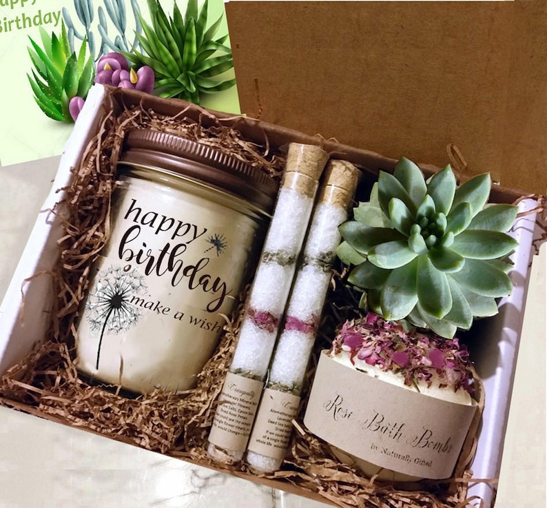Customizable Birthday Candle Set with Succulent, Bath Bomb, and Salt Tubes OPTION 1