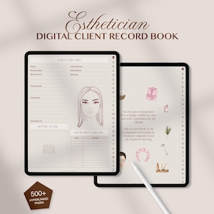 Puede incluir: Un libro de registro de clientes digital para esteticistas mostrado en dos tabletas con un lápiz óptico. La interfaz incluye un formulario con un diagrama facial, historial de citas y pestañas alfabéticas. Texto: Esthetician Digital Client Record Book.