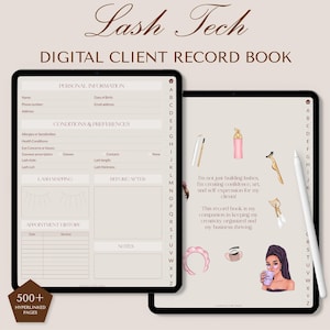 Puede incluir: Un libro de registro de clientes digital para técnicos de pestañas. El libro está abierto en una página con un formulario para información personal, condiciones y preferencias, mapeo de pestañas, historial de citas y notas. El libro está en una tableta con un lápiz óptico al lado. La tableta está sobre un fondo marrón claro. El texto "Lash Tech" y "Digital Client Record Book" está en la parte superior de la imagen. El texto "500+ Hyperlinked Pages" está en la parte inferior de la imagen.
