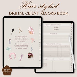 Puede incluir: Un libro de registro de clientes digital para estilistas. La portada presenta una ilustración rosa y blanca de una mujer con una toalla en la cabeza. El texto "Hair stylist" y "Digital Client Record Book" se muestra en marrón. El libro incluye secciones para información personal, historial del cabello, historial de citas y notas.