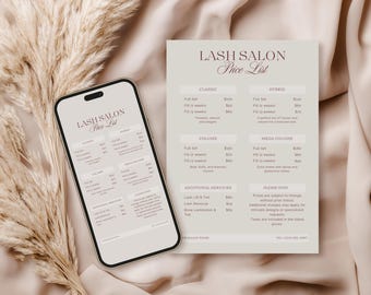 Plantilla de lista de precios de salón de pestañas / Plantilla de Canva de lista de precios de tecnología de pestañas / Plantilla editable para salones de pestañas