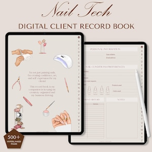Peut inclure: Un carnet de rendez-vous numérique pour les techniciennes des ongles. La couverture présente un fond brun clair avec le texte "Nail Tech" en écriture cursive brune et "DIGITAL CLIENT RECORD BOOK" en police sans empattement brune. La couverture présente également des illustrations d'outils pour les ongles et une main tenant une lime à ongles.