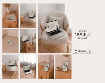 Aesthetic beige device mockup bundle, 4 iphone mockups, 5 macbook mockups included, psd file with smart object, CANDICE mockup bundle
