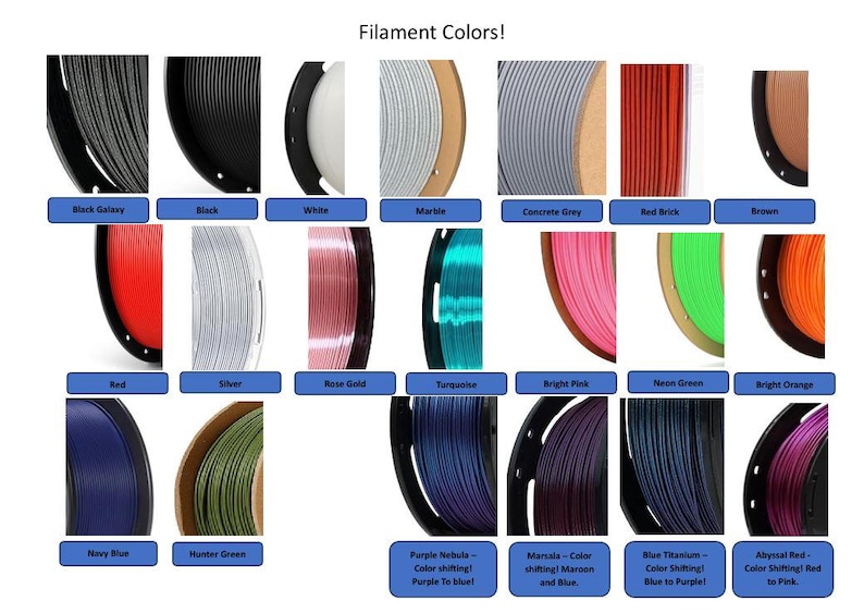 Pode incluir: Uma cole&ccedil;&atilde;o de 18 bobines de filamento para impress&atilde;o 3D, mostrando uma variedade de cores, incluindo gal&aacute;xia preta, preto, branco, m&aacute;rmore, cinza concreto, tijolo vermelho, marrom, vermelho, prata, ouro rosa, turquesa, rosa brilhante, verde neon, laranja brilhante, azul marinho, verde ca&ccedil;ador, nebulosa roxa, marsala, tit&acirc;nio azul e vermelho abissal. As bobines de filamento est&atilde;o dispostas em uma grade sobre um fundo branco.
