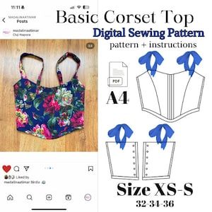 Puede incluir: Un patrón de costura digital para un top de corsé básico. El patrón incluye instrucciones y está disponible en las tallas XS-S (32-34-36 pulgadas). El patrón se imprime en papel A4 y está en formato PDF.