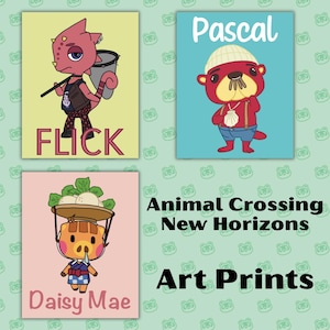 May include: Art prints featuring characters from Animal Crossing: New Horizons. The prints showcase Flick, Pascal, and Daisy Mae, each with their names displayed. The background is a light green with a pattern of Animal Crossing icons.