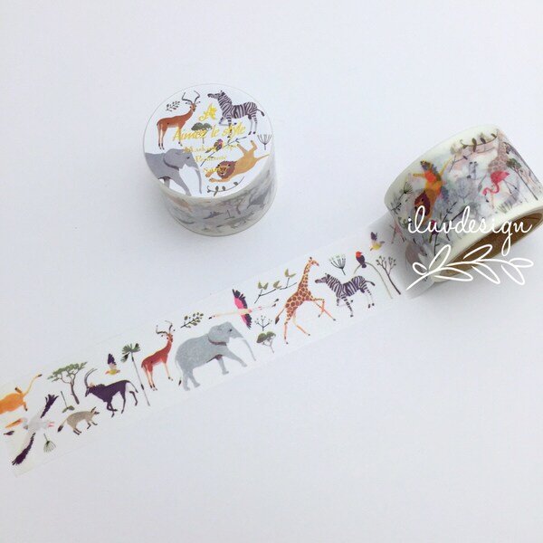 Safari Washi Tape • Japanese Wide Washi Tape • Safari Decorative Tape • Safari Animal • Zabra • Elephant • Flamingo • Giraffe (04741)