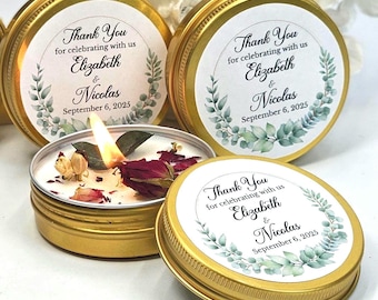 Recuerdos de eucalipto para despedida de soltera: Velas de soja florales en lata. Juego de 10 unidades.