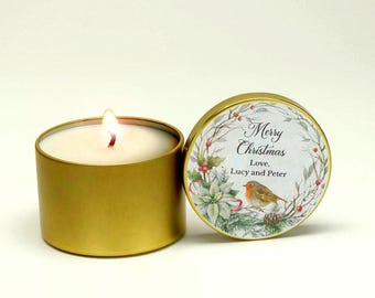 Winter Christmas Candle Favors – Personalized Holiday Soy Candles with Robin Design – Custom Family Gifts, Stocking Stuffers, Party Favors