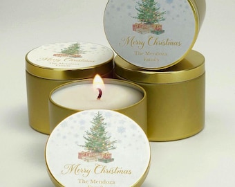 Personalized Christmas Candle Favors – Holiday Soy Candles with Christmas Tree Label – Custom Family Gifts, Stocking Stuffers, Party Favors