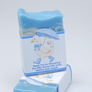 Blue silly goose baby shower soap favor featuring a handmade blue soap bar with a matching goose design label, displayed on a clean white background
