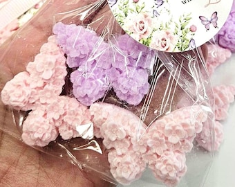 Butterfly Soap Favors for Baby Shower, Mini Floral Soaps with Pink Ribbon & Custom Tag, 12–36 Bags, 3 Soaps per Bag.