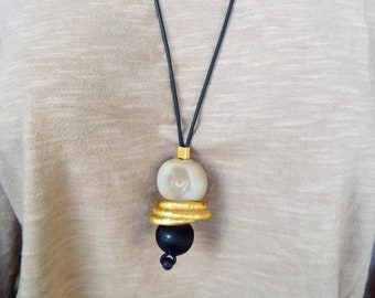 Minimalistic Geometric Black & gold Long Pendant Necklace