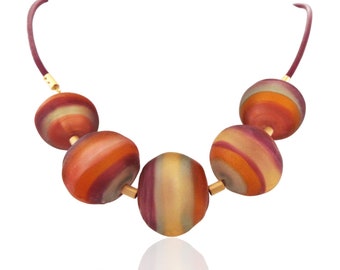 Handmade Lampwork Bold Statement Necklace in Autumn Colors - Orange Burnt Bohemian Jewelry