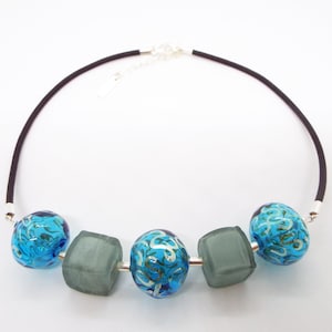 Turquoise Glass Bead Statement Necklace with Silver Accents - Handmade Boho Jewelry