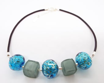Turquoise Glass Bead Statement Necklace with Silver Accents - Handmade Boho Jewelry