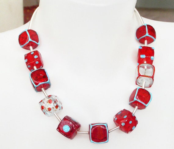 Red Cube Statement Necklace - Handmade Lampwork Glass Beaded Jewelry