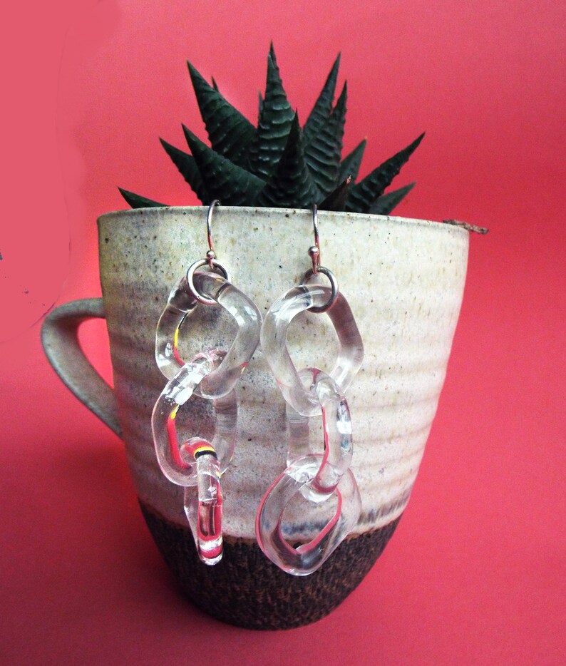 Chain statement earrings, Long Clear Glass earrings, links Dangle earrings image 7