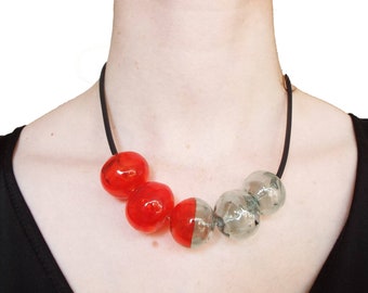 Red and Grey Glass Bead Statement Necklace - Handmade Lampwork Jewelry for a Chic Look