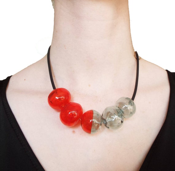 Red and Grey Glass Bead Statement Necklace - Handmade Lampwork Jewelry for a Chic Look