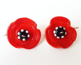 Red Floral Statement Earrings - Handmade Lampwork Glass Beads on Silver Hooks