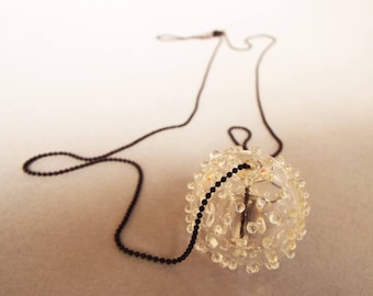Handmade Lampwork Glass Pendant Necklace: Clear Spiked Bead, Long Chain