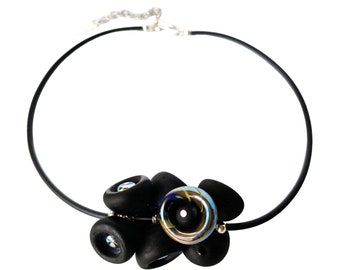 Black Glass Flower choker Necklace, Blown glass Beaded necklace