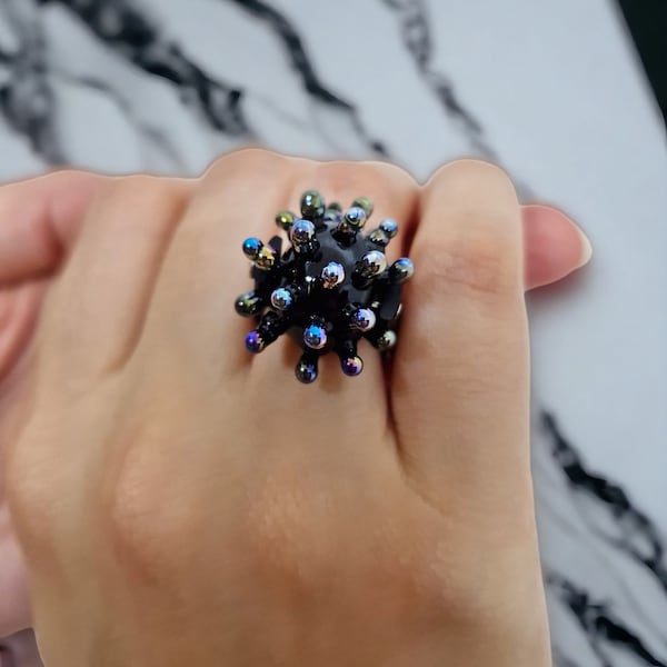 Black and Silver Cocktail ring, Statement glass bead with Spikes ring, sculptural ring, gift for her