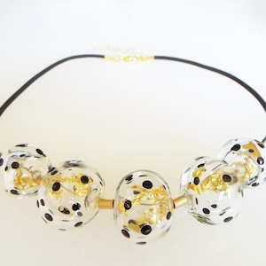 Handmade Black&White Boho Glass Statement Necklace with 22 Karat Gold Leaf