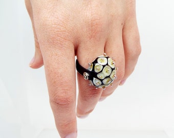 Black Cocktail Ring, Statement Glass Ring, Evening Boho Ring, Gift for Her