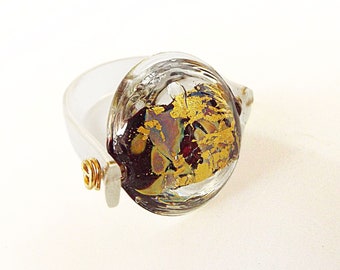 Statement lampwork ring, Gold Encased in Clear Glass ring,  Cocktail beaded ring