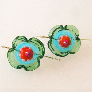 Turquoise and Green Floral Lampwork Beaded Earrings - Handmade Dangle Earrings for Her