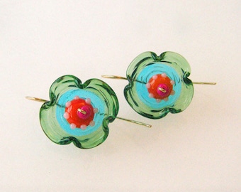 Green glass Lampwork Earrings,  flowers Beaded earrings, Statement Dangle earrings