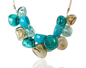 Green Blowen glass bubble necklace, Statement cluster beaded necklace