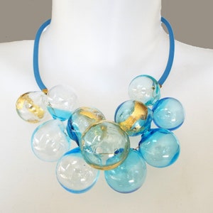 Turquoise and gold Glass Statement necklace, Bold Cluster Bubbles beaded necklace, Bib Summer necklace