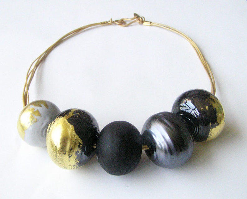 Black Bold statement necklace. Glass beaded necklace. image 7