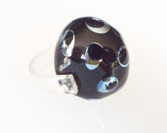 Black Cocktail Oval ring, Glass Lampwork statement Dome ring, Unique band cool ring