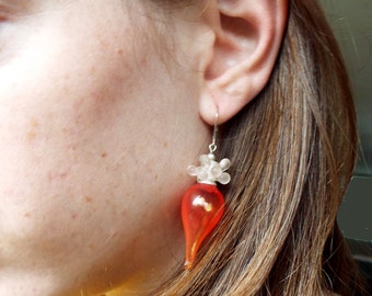 Long  Dangle Red earrings, Statement Glass Lampwork earrings