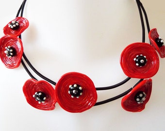 Floral Statement Beaded Necklace, Bib Flowers Necklace, Red Glass Poppies Necklace