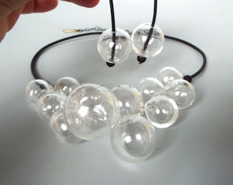 Clear glass bubble cluster necklace, Bib blown beads necklace, Statement Lampwork transparent necklace